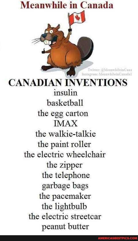 Meanwhile in Canada
CANADIAN INVENTIONS insulin basketball the egg carton
IMAX the walkie-talkie the paint roller the electric wheelchair the zipper the telephone garbage bags the pacemaker the lightbulb the electric streetcar peanut butter