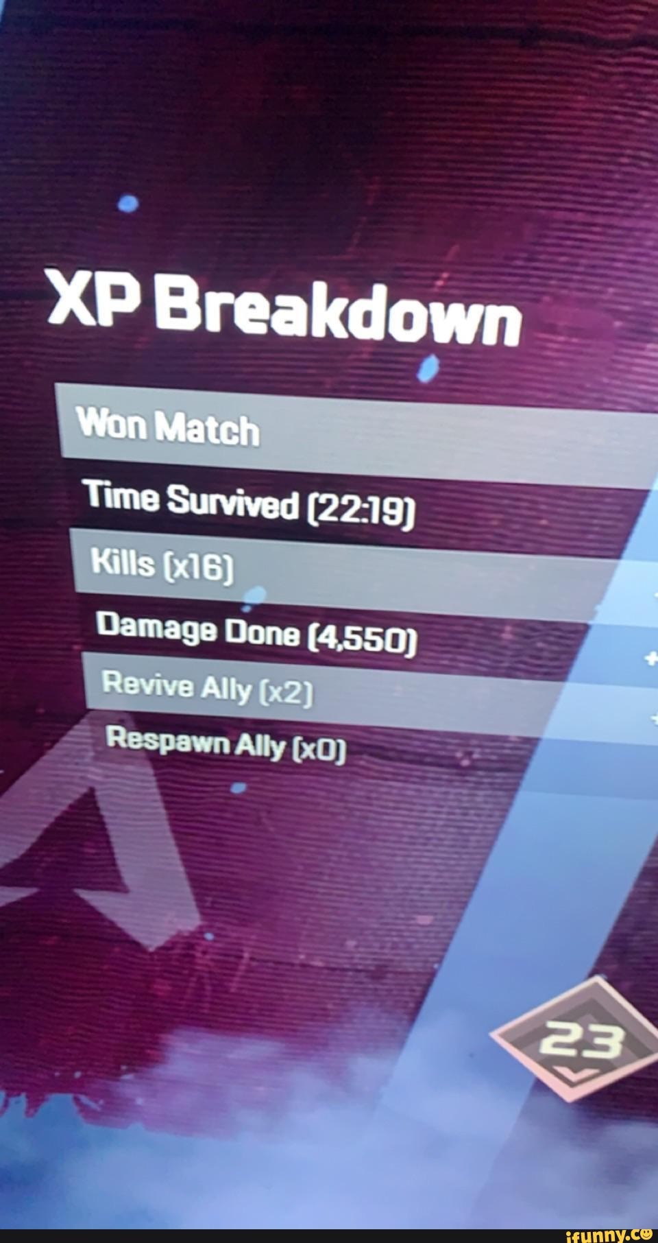XP Breakdown
Won Match
Time Survived
Kills
Damage Done (4.550)
Ally