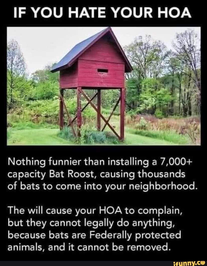 IF YOU HATE YOUR HOA IN Nothing funnier than installing a 7,000+ capacity Bat Roost, causing
