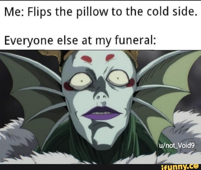 Me Flips the pillow to the cold side. Everyone else at my funeral