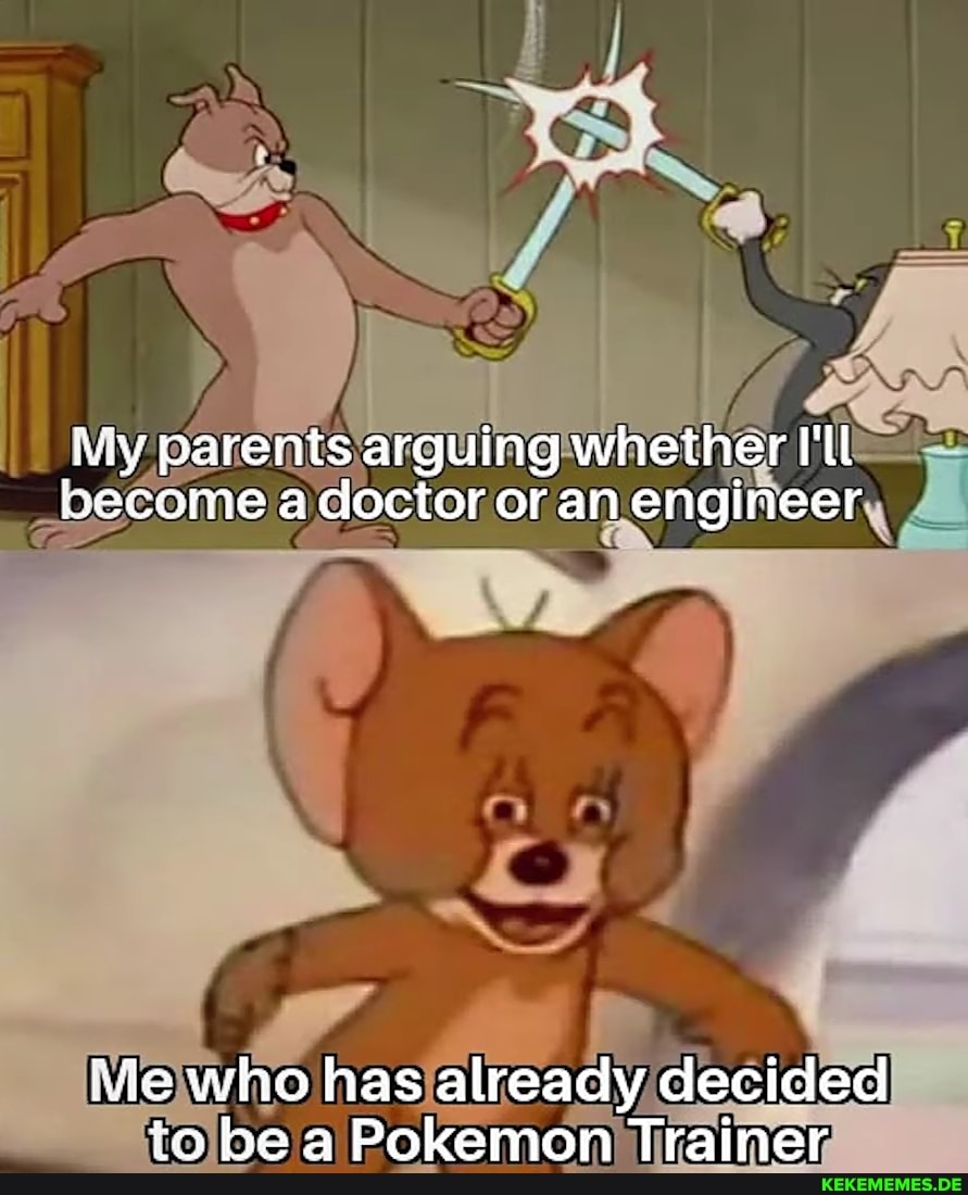 My parents arguing whether I'll become a doctor or an engineer
ie who has already decided to be a Pokemon Trainer