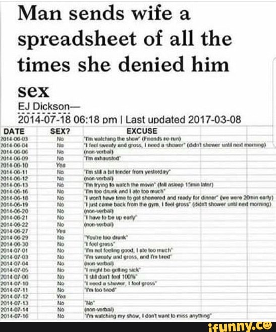Man Sends Wife A Spreadsheet Of All The Times She Denied Him Sex Ifunny 8157