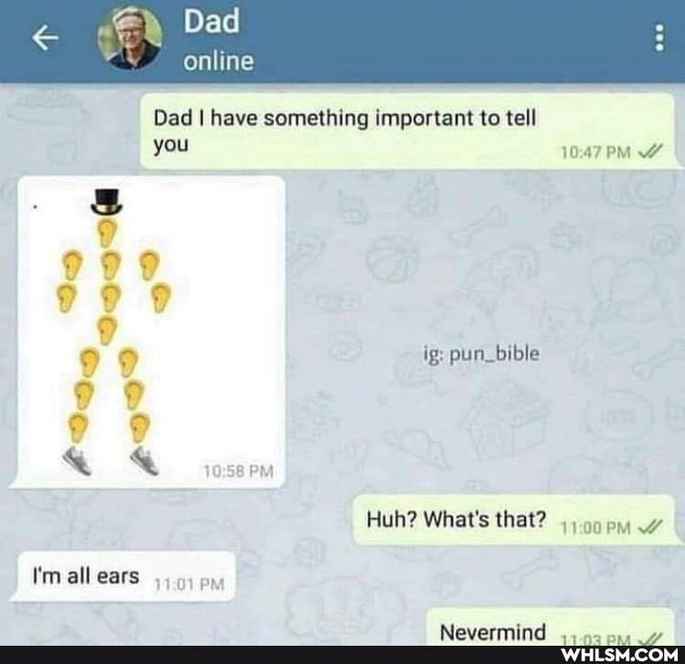 Dad
online
Dad I have something important to tell
you cor ig: pun_bible
ON Huh? What's that?
I'm all ears