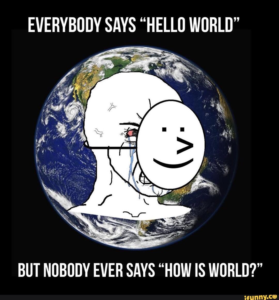 EVERYBODY 'HELLO WORLD"
BUT NOBODY EVER SAYS "HOW IS WORLD?"