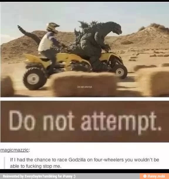 If I had the chance to race Godzilla on four-wheelers you wouldn't
able to fucking