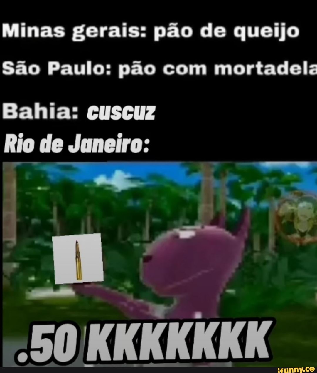 Minas gerais: pão de queijo
São Paulo: pão com mortadela
Bahia: CUSCUZ Rio de Janeiro:
KKKKKKK
