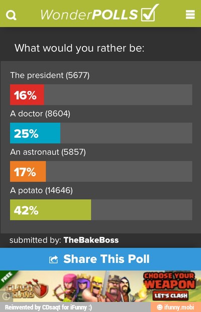 What would you rather be:
The president (5677)
A doctor (8604)
An astronaut (5857)
A potato (14646)
submitted by: TheBakeBoss