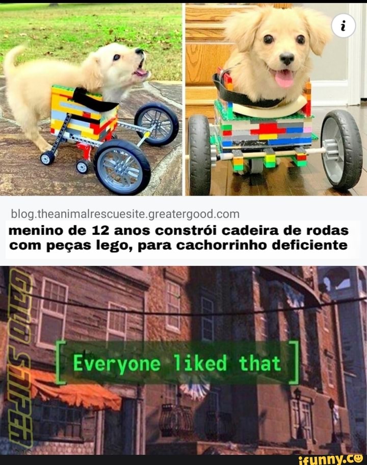 blog.theanimalrescuesite.greaterg com
menino de 12 anos constrói cadeira de rodas
com peças lego, para cachorrinho deficiente