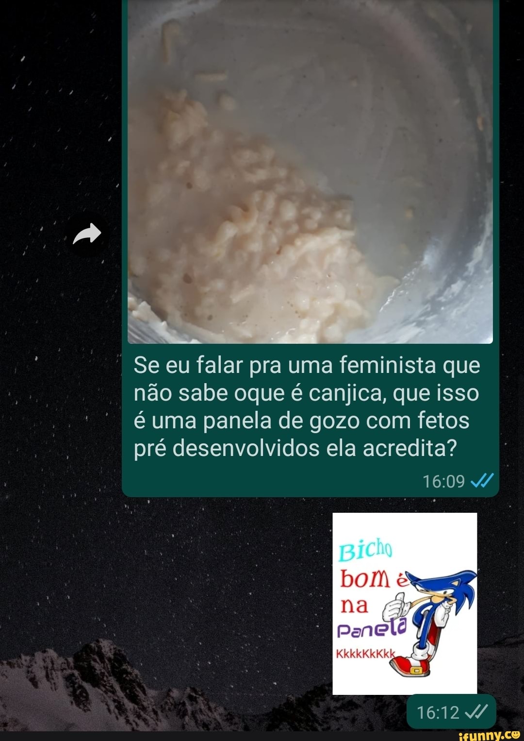 Se eu falar pra uma feminista que não sabe oque é canjica, que isso é uma panela de gozo com fetos pré desenvolvidos ela acredita?
KkkkKkKk