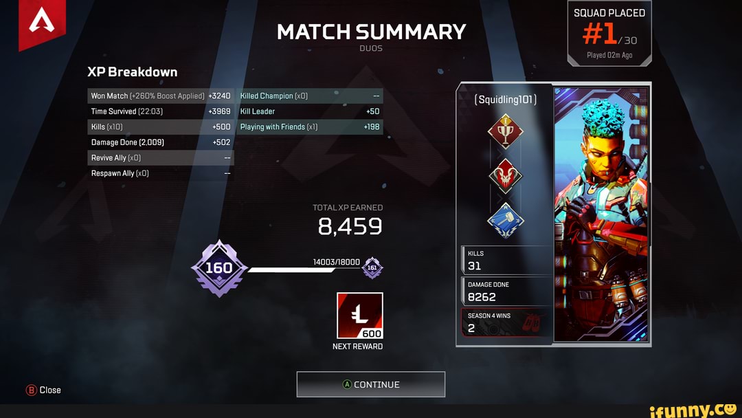 Close
MATCH SUMMARY
DUOS XP Breakdown
Won Match (+260% Boost Applied) +3240 Killed Champion
Time Survived +3969 Kill Leader +50
Kills +500 Playing with Friends +198
Damage Done (2,009) +502
Revive Ally
Respawn Ally
TOTAL XP EARNED
8,459
1400318000
600
NEXT REWARD
CONTINUE
KILLS
31
I DAMAGE DONE
8262
SEASON 4 WINS
2
SQUAD PLACED
Played Ago