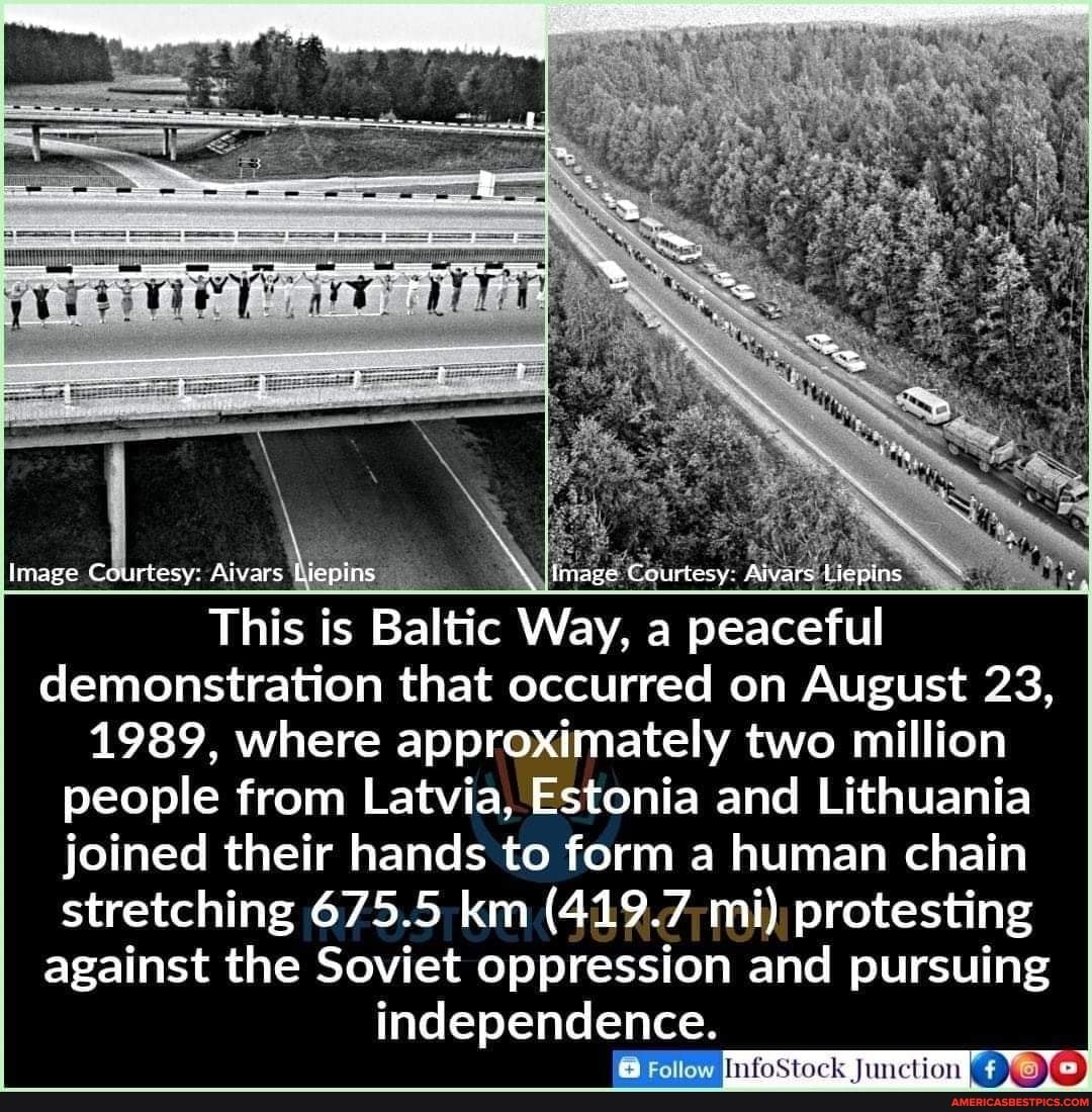 Image Courtesy: Aivars Liepins Image Courtesy: Aivars Liepins
This is Baltic Way, a peaceful demonstration that occurred on August 23,
1989, where approximately two million people from Latvia, Estonia and Lithuania joined their hands to form a human chain stretching 675.5 km (419.7 mi) protesting against the Soviet oppression and pursuing independence.
Follow tion
