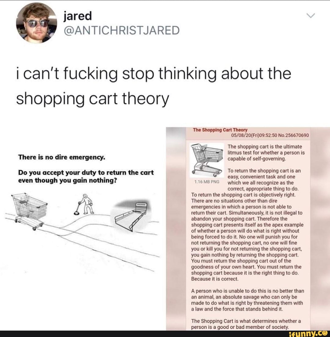 ¡ can't fucking stop thinking about the
shopping cart theory
shopping cart
litmus test for whether a person is
There is no dire emergency. capable of self-governing.
shopping cart
easy, convenient task and one
which we all recognize as the
correct, appropriate thing to do.
PR
Do you accept your duty to return the cart
even though you gain nothing? 116 MB PNG
emergencies in which a person is not able to
return their cart. Simultaneously, it is not illegal to
abandon your shopping cart. Therefore the
shopping cart presents itself as the apex example
of whether a person will do what is right without
being forced to do it. No one will punish you for
not returning the shopping cart, no one will fine
you or kill you for not returning the shopping cart, you gain nothing by returning the shopping cart. You must return the shopping cart out of the
= goodness of your own heart. You must return the
shopping cart because it is the right thing to do.
Because it is correct.
A person who is unable to do this is no better than
an animal, an absolute savage who can only be
made to do what is right by threatening them with
a law and the force that stands behind it.
The Shopping Cart is what determines whether a
person is a good or bad member of society.