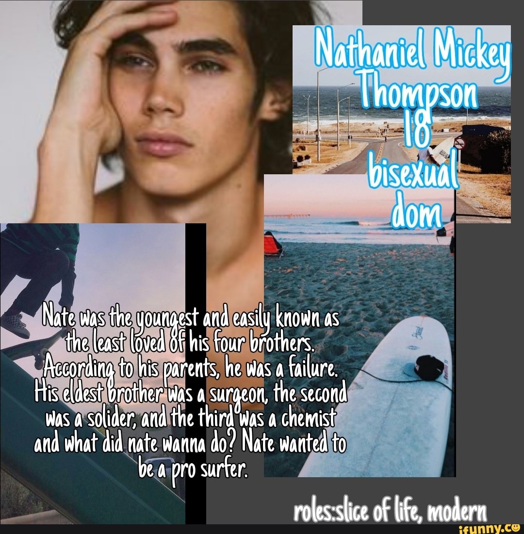 Nathaniel Mickey
Thompson
bisexual dom
Nate was the yourgest and easily known as the least loved his four brothers.
According to his parents, he was a failure, the second
His dest brather was a surgeot, the second was a solider, and the third was a chemist and what did nate wanna do? Nate wanted to bea pro surfer,
of life, modern