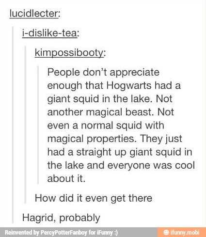 lucidlecter:
i-dislike-tea:
kimpossibooty:
People don't appreciate
enough that Hogwarts had a
giant squid in the lake. Not
another magical beast. Not
even a normal squid with
magical properties. They just
had a straight up giant squid in
the lake and everyone was cool
How did it even get there
Hagrid, probably