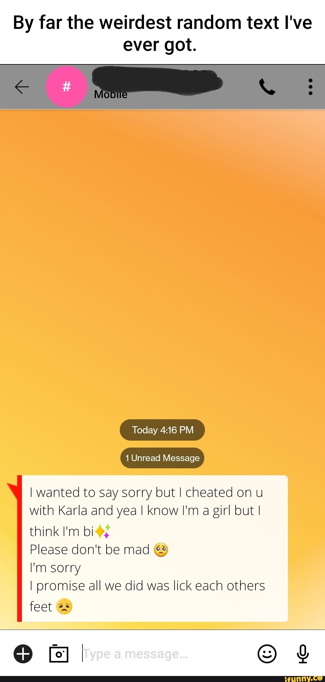 By far the weirdest random text I've ever got.
Today PM
1 Unread Message
I wanted to say sorry but I cheated on u with Karla and yea I Know I'm a girl but I
think I'm bi
Please don't be mad
I'm sorry
I promise all we did was lick each others feet &