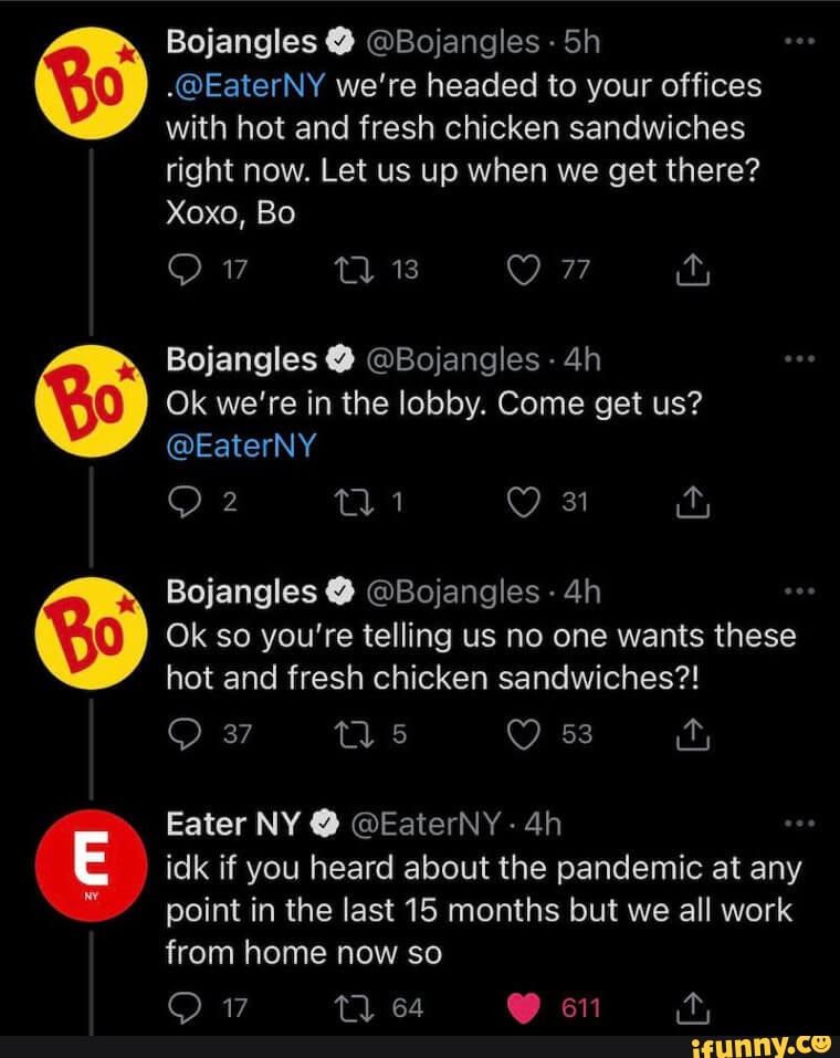 Bojangles Bojangles .EaterNY we're headed to your offices with hot