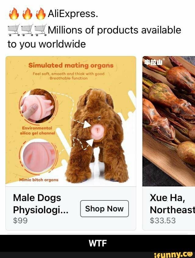 6 AliExpress.
Millions of products available
to you worldwide
Simulated mating organs
Feel soft, smooth and thick with good
Breathable function
Environmental siliea gel channel
Mimic bitch organs
Male Dogs Xue Ha
Physiologic. Shop Now Northeast
$99 $33.53 - WTF