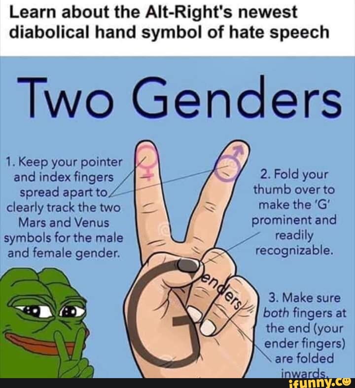 Learn about the AIt-Right's newest
diabolical hand symbol of hate speech
Two Genders
symbols for the male
and female gender.
readily
recognizable.
fingers
the end (your
ender fingers)
inwards.