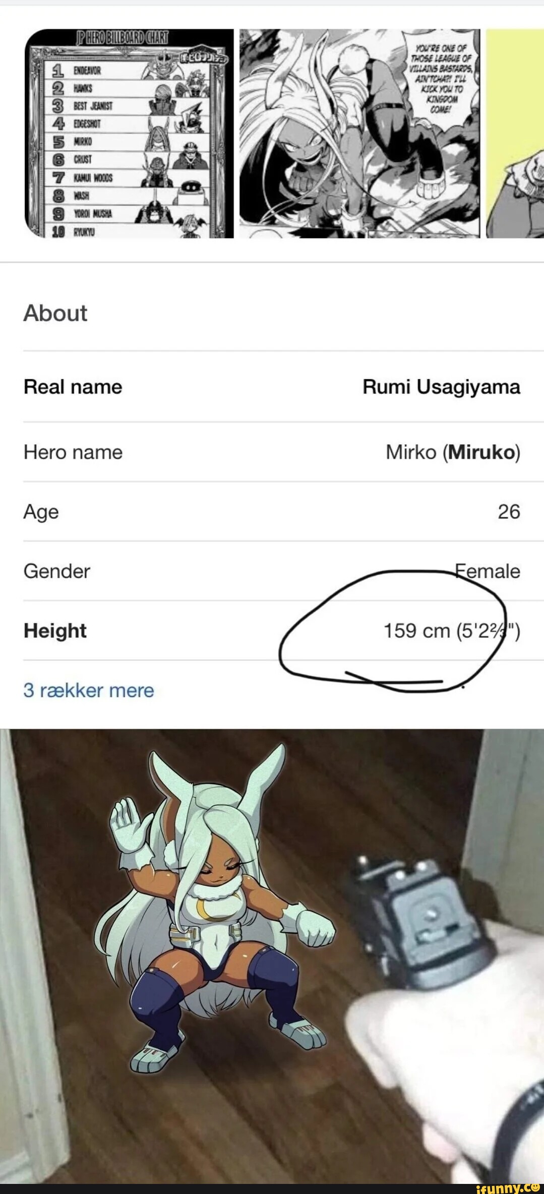 About Real name Hero name Age Gender Height 3 raekker mere Rumi Usagiyama  Mirko (Miruko) 26 emale - iFunny