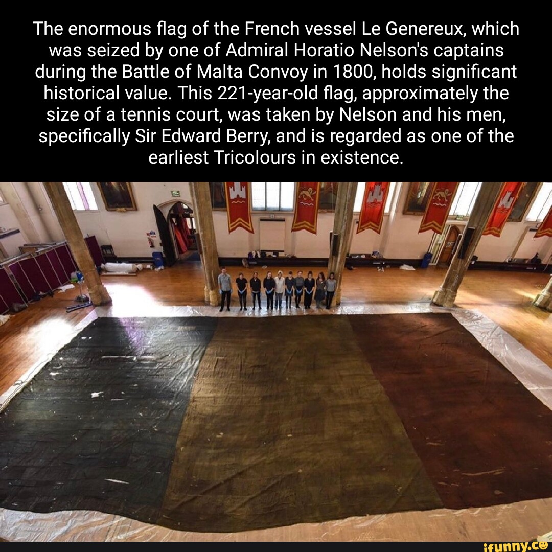 The enormous flag of the French vessel Le Genereux, which was seized by ...