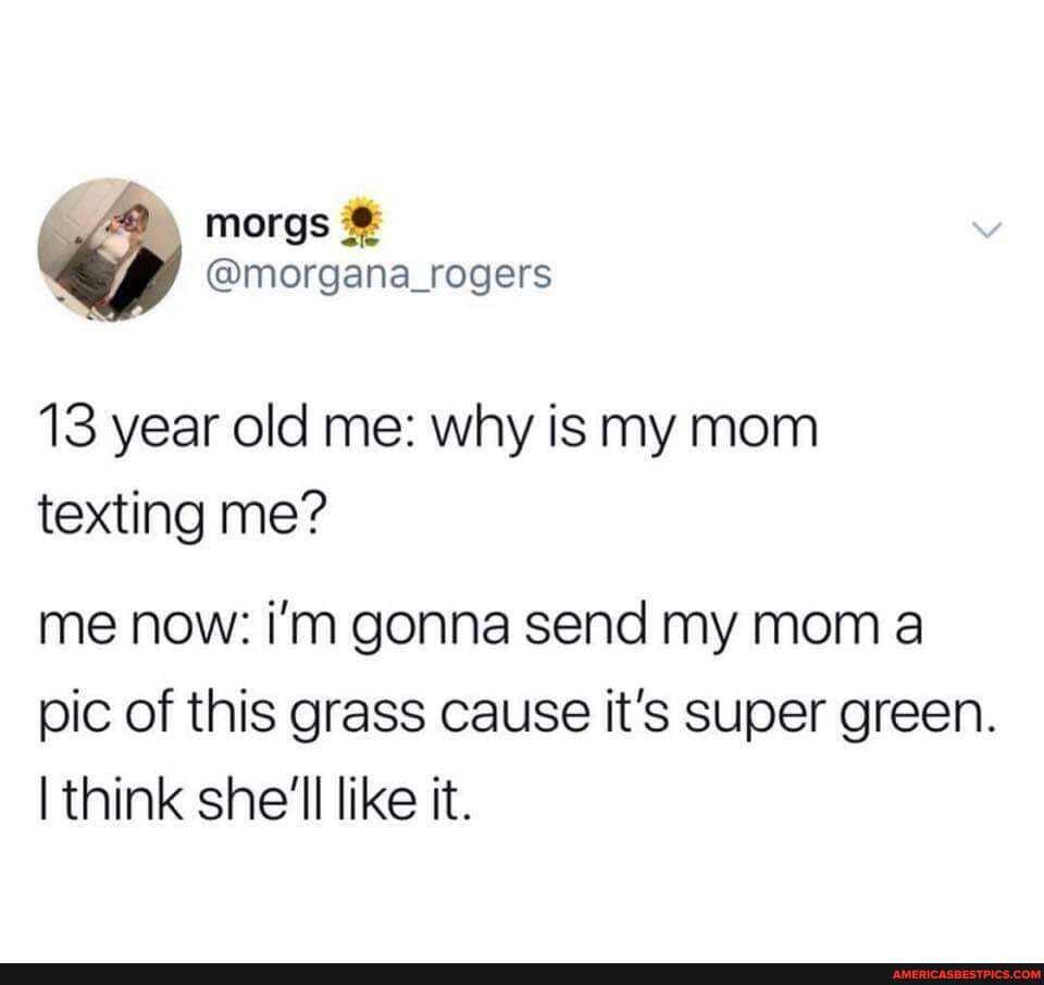 morgs
@morgana_rogers
13 year old me: why is my mom texting me?
me now: i'm gonna send my mom a pic of this grass cause it's super green.
think she'll like it.