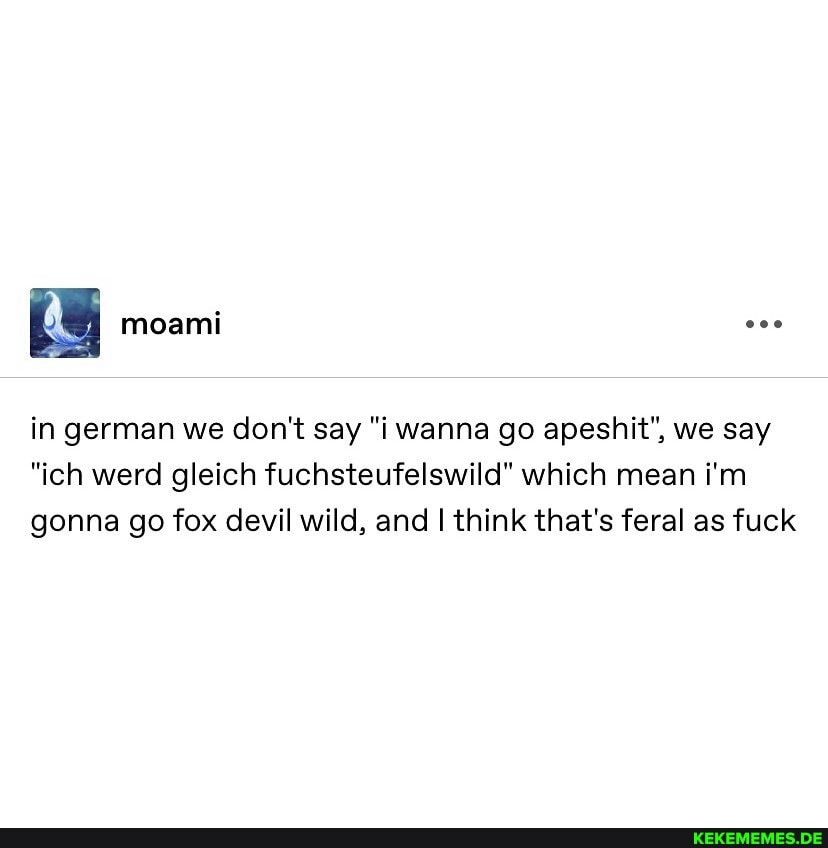 moami
in german we don't say "i wanna go apeshit", we say
"ich werd gleich fuchsteufelswild" which mean i'm gonna go fox devil wild, and I think that's feral as fuck