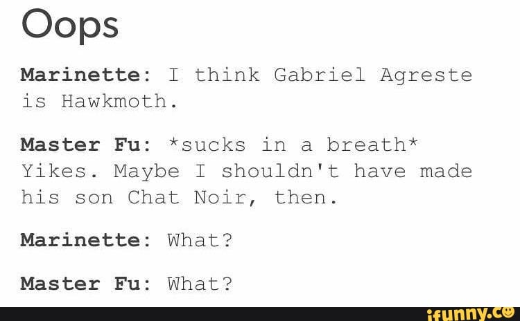 Oops Marinette I Think Gabriel Agreste Is Hawkmoth Master Fu Sucks In A Breath Yikes Maybe I Shouldn T Have Made His Son Chat Noir Then Marinette What Master Fu What