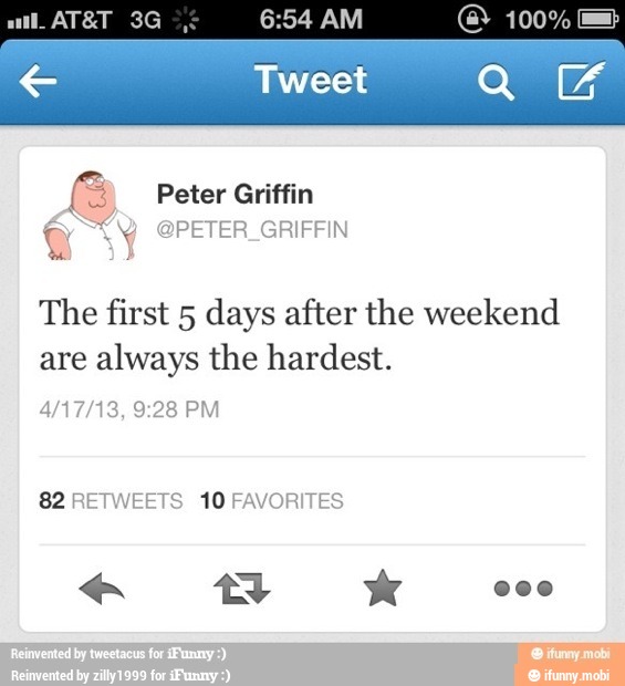 g
The first 5 days after the weekend
are
always the hardest.
82 RETWEETS 10 FAVORITES