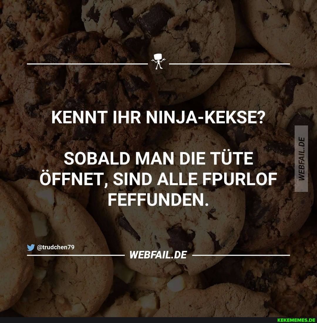 KENNT IHR NINJA-KEKSE?
SOBALD MAN DIE TÜTE ÖFFNET, SIND ALLE FPURLOF
FEFFUNDEN.
@trudchen79
WEBFAIL.DE