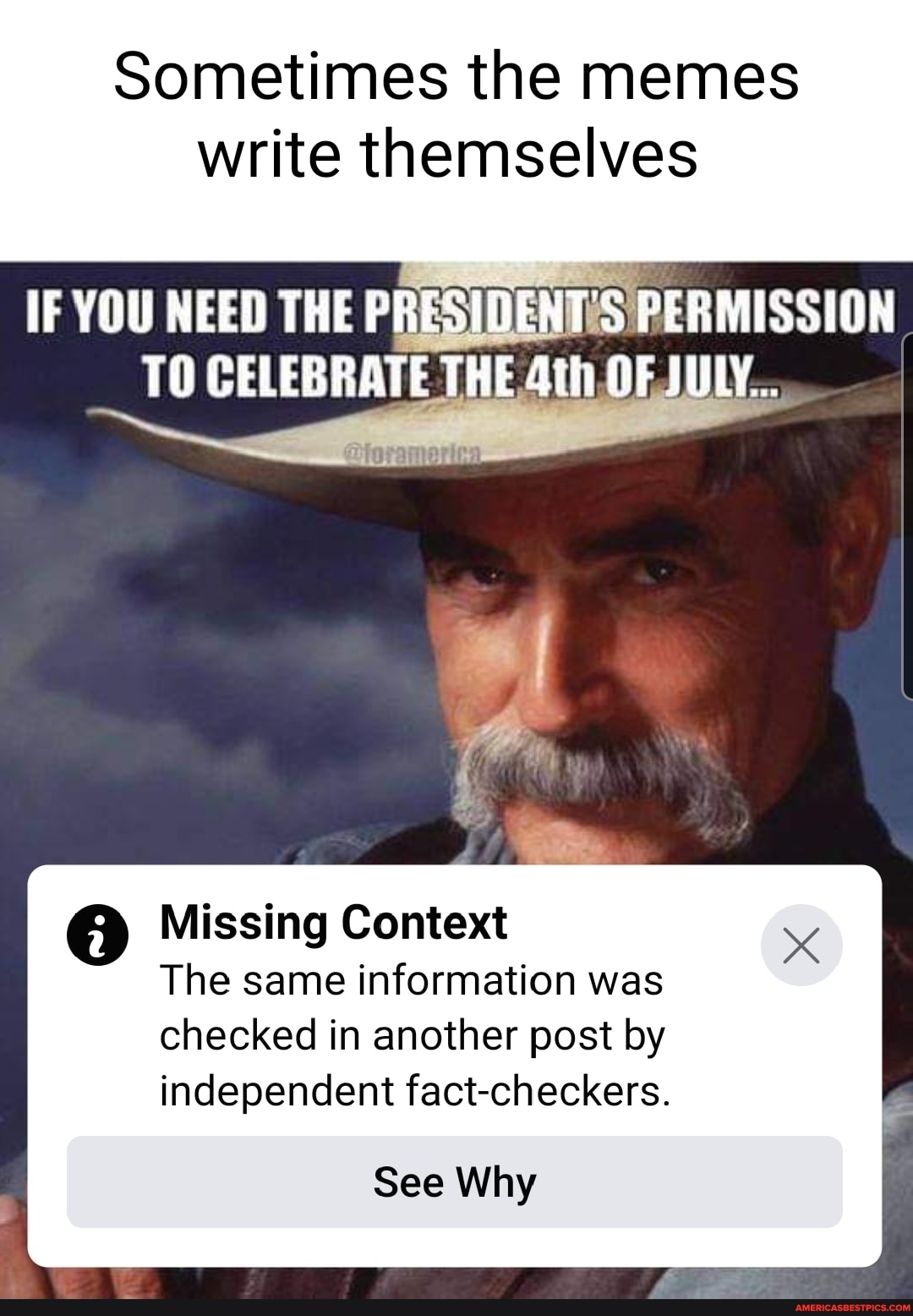 Sometimes the memes write themselves
TO CELEBRATE THE Ath OF JULY.
Missing Context
The same information was checked in another post by independent fact-checkers.
See Why