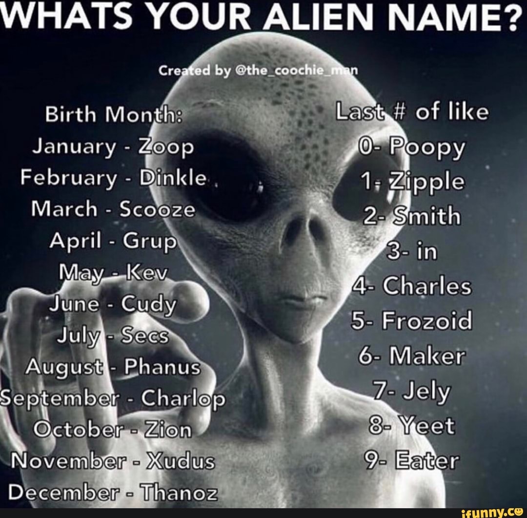 WHATS YOUR ALIEN NAME By the coochie Of Like AS 1 Zipple Birth Month 