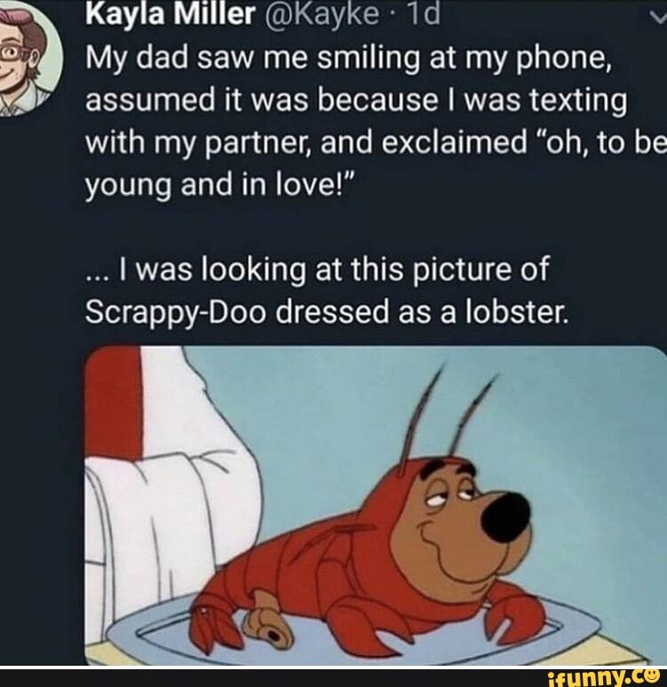 Kayla Miller @Kayke
My dad saw me smiling at my phone, assumed it was because I was texting with my partner, and exclaimed "oh, to be young and in love!"
was looking at this picture of dressed as a lobster.