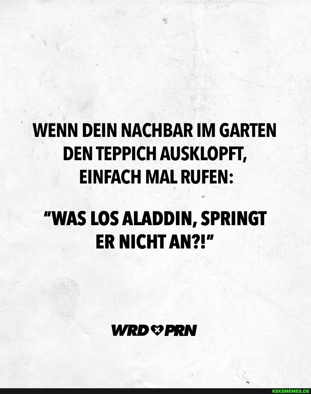 WENN DEIN NACHBAR IM GARTEN DEN TEPPICH AUSKLOPFT,
EINFACH MAL RUFEN:
"WAS LOS ALADDIN, SPRINGT ER NICHT AN?!"
WRDYPRN