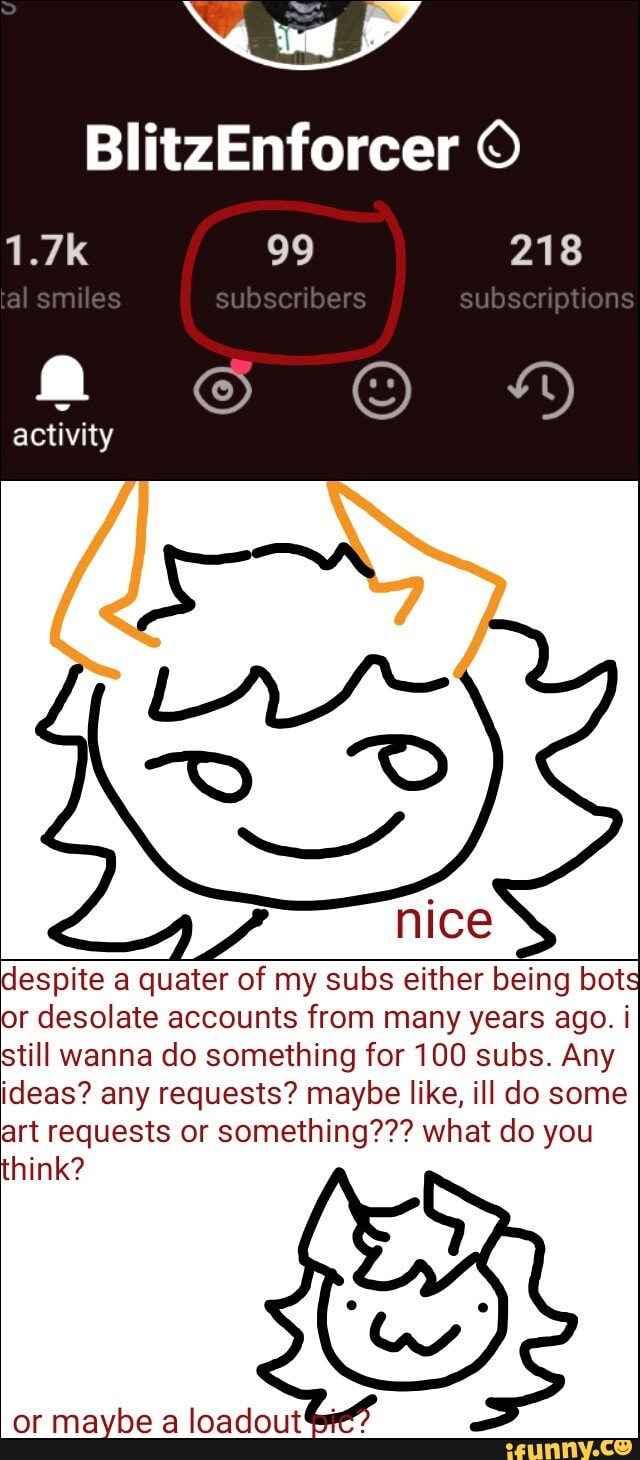 activity
nice
despite a quater of my subs either being bots
or desolate accounts from many years ago. i
still wanna do something for 100 subs. Any
ideas? any requests? maybe like, ill do some
art requests or something??? what do you
Walla.