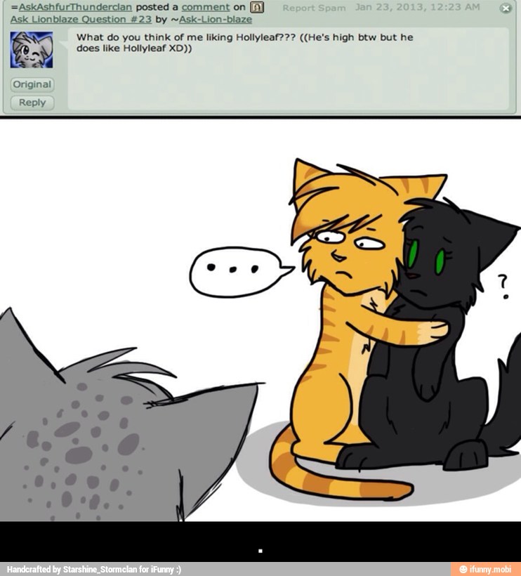 skAshfurThundercian posted a comment on
Ask Lionblaze Question 423 by ~Ask-Lion-biaze
What do you think of me liking Hollyleaf??? ((He's high btw but he
does like Hollyleaf xD))
Original - .