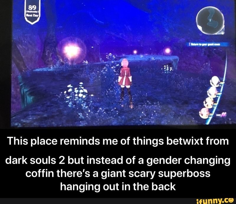 This place reminds me of things betwixt from
dark souls 2 but instead of a gender changing coffin there's a giant scary superboss hanging out in the back - dark souls 2 but instead of a gender changing coffin there’s a giant scary superboss hanging out in the back