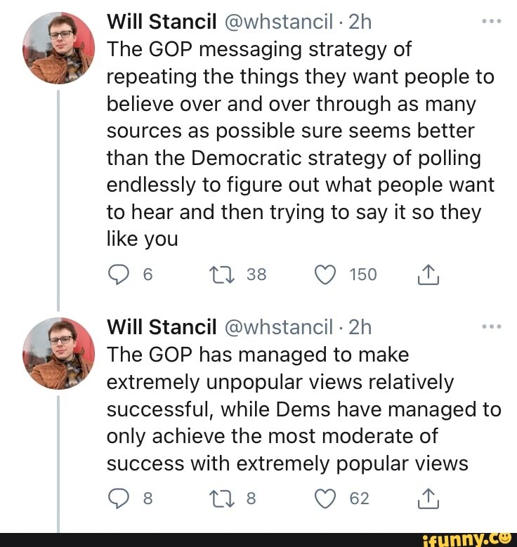 Will Stancil @whstancil -
The GOP messaging strategy of repeating the things they want people to believe over and over through as many sources as possible sure seems better than the Democratic strategy of polling endlessly to figure out what people want to hear and then trying to say it so they like you
OO 6 TT) 38 150
Will Stancil @whstancil
The GOP has managed to make extremely unpopular views relatively successful, while Dems have managed to only achieve the most moderate of success with extremely popular views
Os Ms