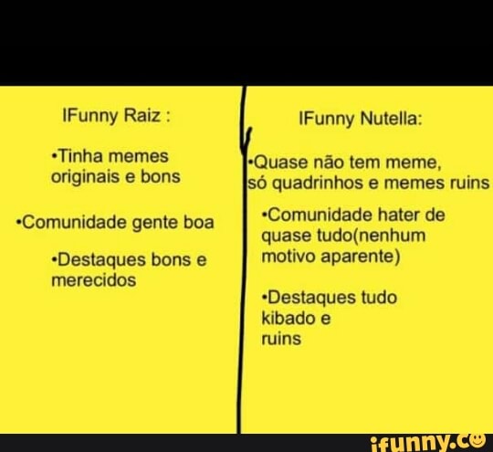 LU *Quase nao tem meme,
originais Iso quadrinhos e memes ruins
*Comunidade hater de
quase tudo(nenhum
Delite ce lel} motivo aparente)
merecidos
*Comunidade gente boa
"Destaques tudo
kibado e