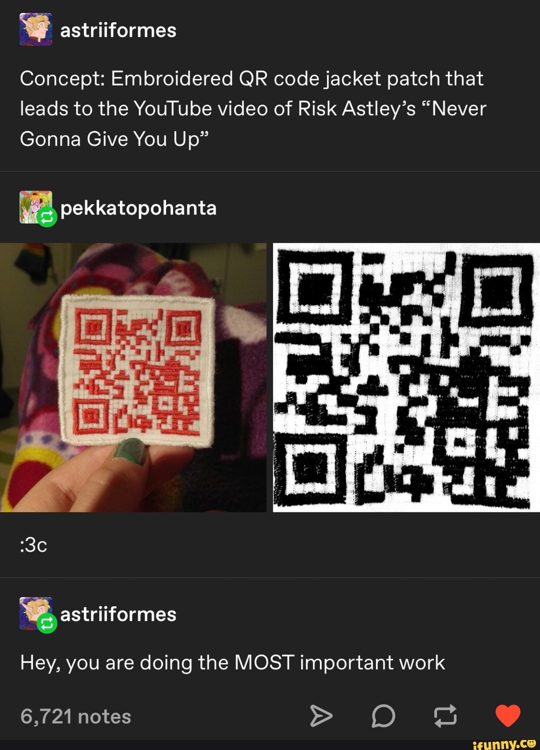 I Astriiformes Concept Embroidered Qr Codejacket Patch That Leads To The Youtube Video Of Risk Astley S Never Gonna Give You Up Ifunny - never gonna give you up roblox id code loud