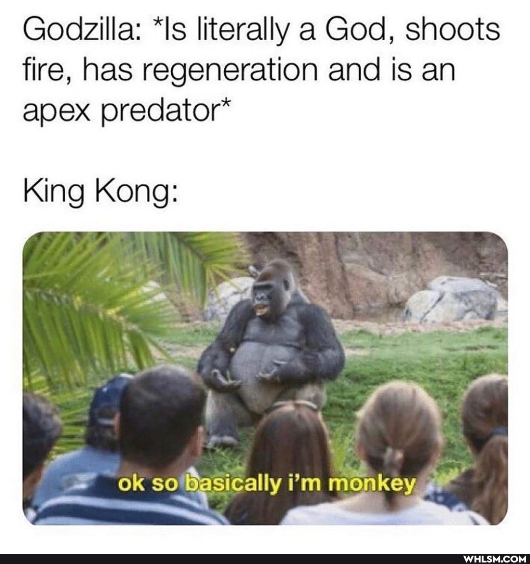 Godzilla: "Is literally a God, shoots fire, has regeneration and is an apex predator*
King Kong:
ok Dasically monkey