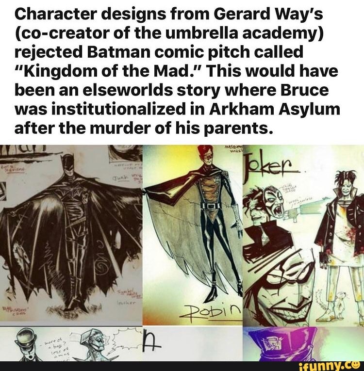 Character designs from Gerard Way's (co-creator of the umbrella academy)  rejected Batman comic pitch called 