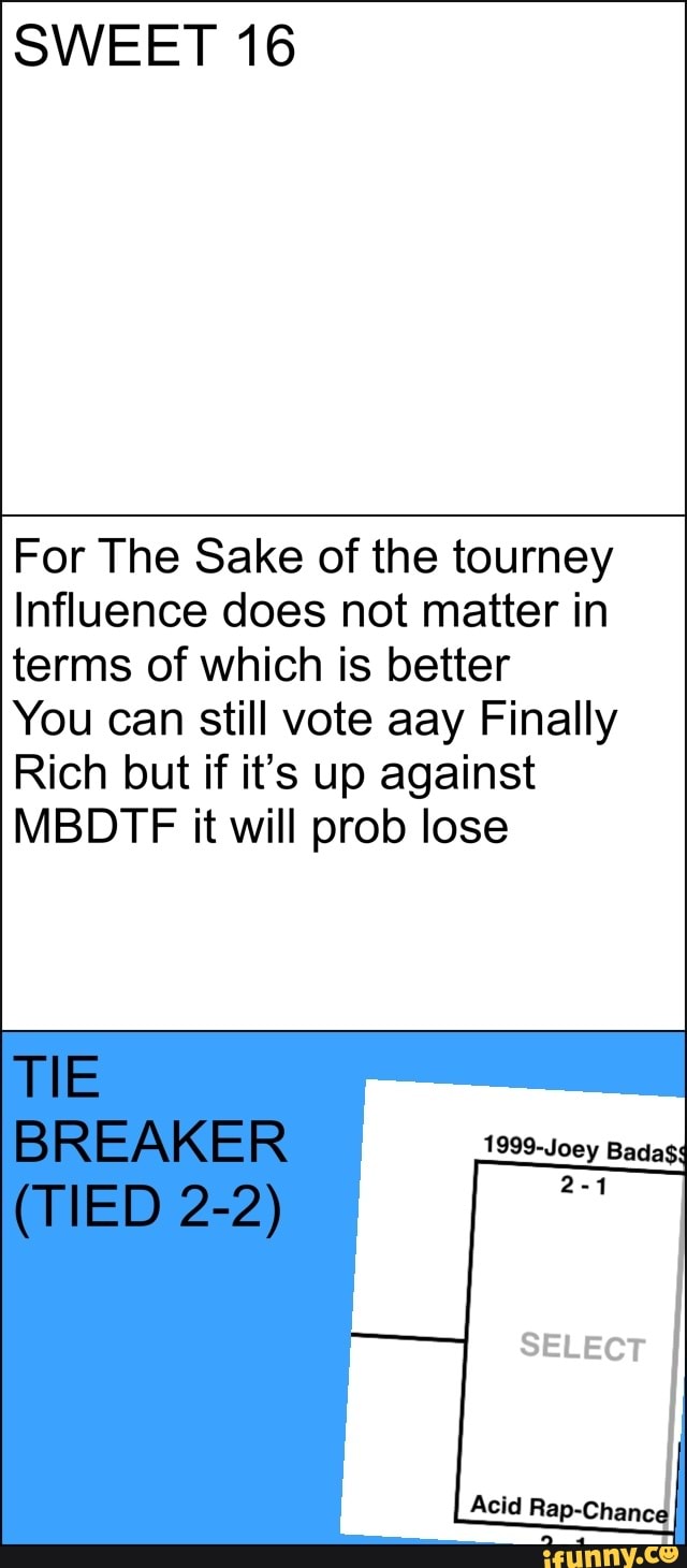 SWEET 16
For The Sake of the tourney
Influence does not matter in
terms of which is better
You can still vote aay Finally
Rich but if it's up against
MBDTF it will prob lose
SELECT