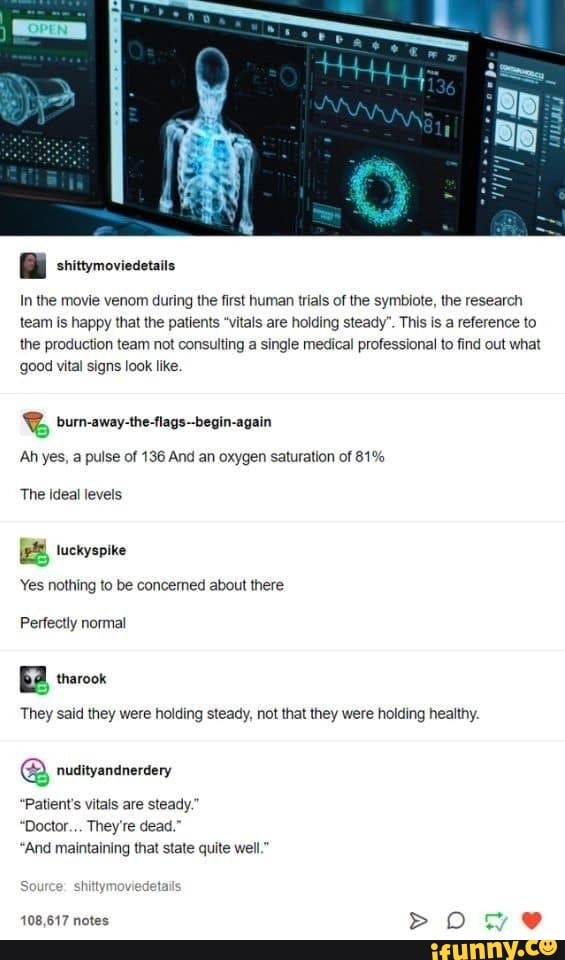 a shittymoviedetails
In the movie venom during the first human trials of the symbiote, the research
team is happy that the patients "vitals are holding steady". This is a reference to
the production team not consulting a single medical professional to find out what
good vital signs look like. burn-away-the-flags--begin-again
'Ah yes, a pulse of 136 And an oxygen saturation of 81%
The ideal levels
E luckyspike
Yes nothing to be concemed about there
Perfectly normal
They said they were holding steady, not that they were holding healthy.
a nudityandnerdery
Patient's vitals are steady.
They're
"And maintaining that state quite well."