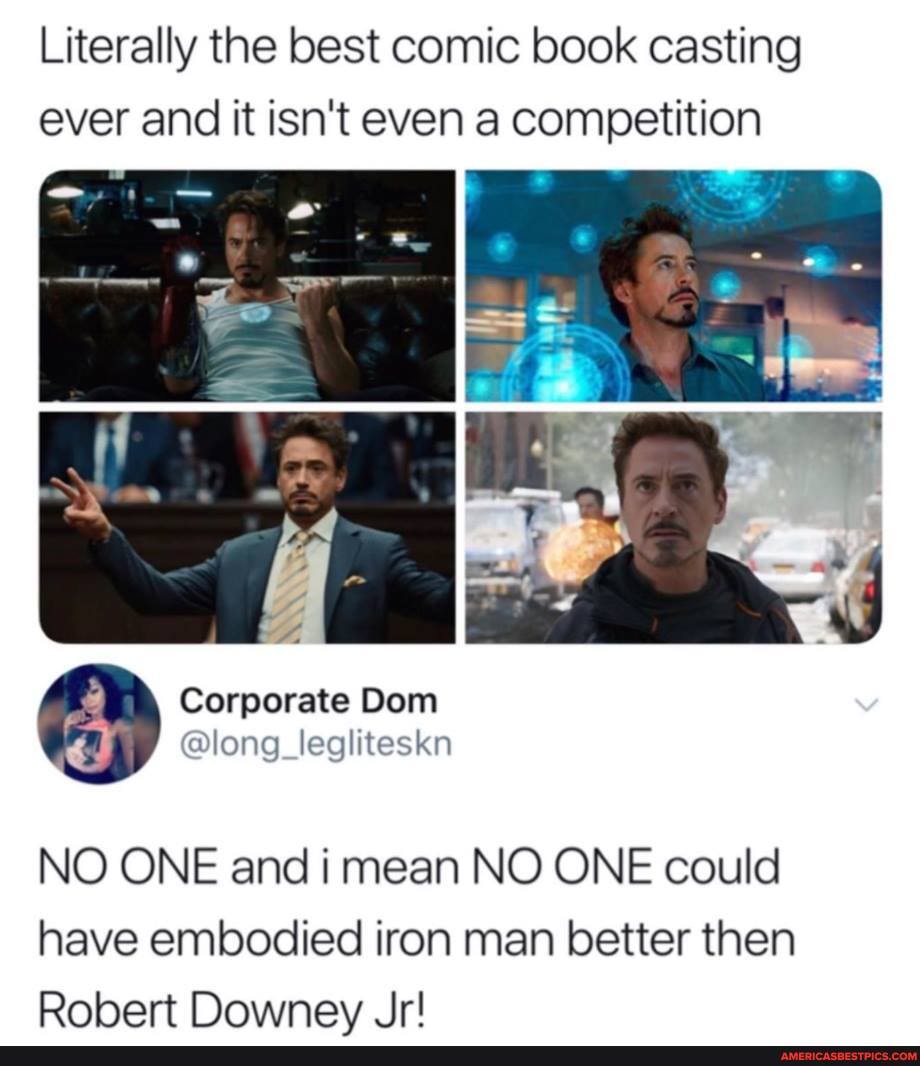 Literally the best comic book casting ever and it isn't even a competition
Corporate Dom
@long_legliteskn
NO ONE and i mean NO ONE could have embodied iron man better then
Robert Downey _Jr!