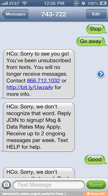 HCo: Sorry to see you go! You've been unsubscribed from texts. You will ...