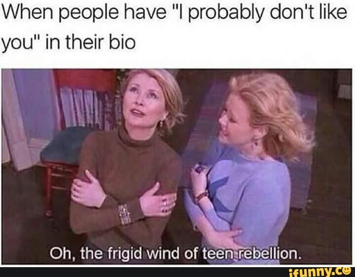 When people have probably don't like you" in their bio
Oh the frigid wind of