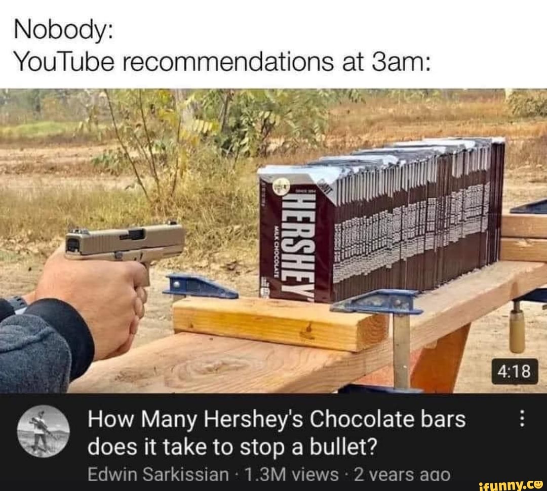 Nobody:
YouTube recommendations at
NY
How Many Hershey's Chocolate bars does it take to stop a bullet?
Edwin Sarkissian -1.3M views - vears ado