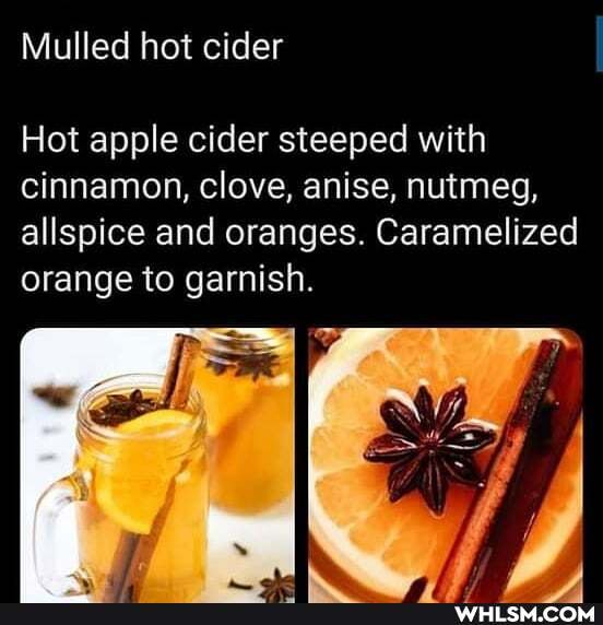 Mulled hot cider
Hot apple cider steeped with cinnamon, clove, anise, nutmeg, allspice and oranges. Caramelized orange to garnish.