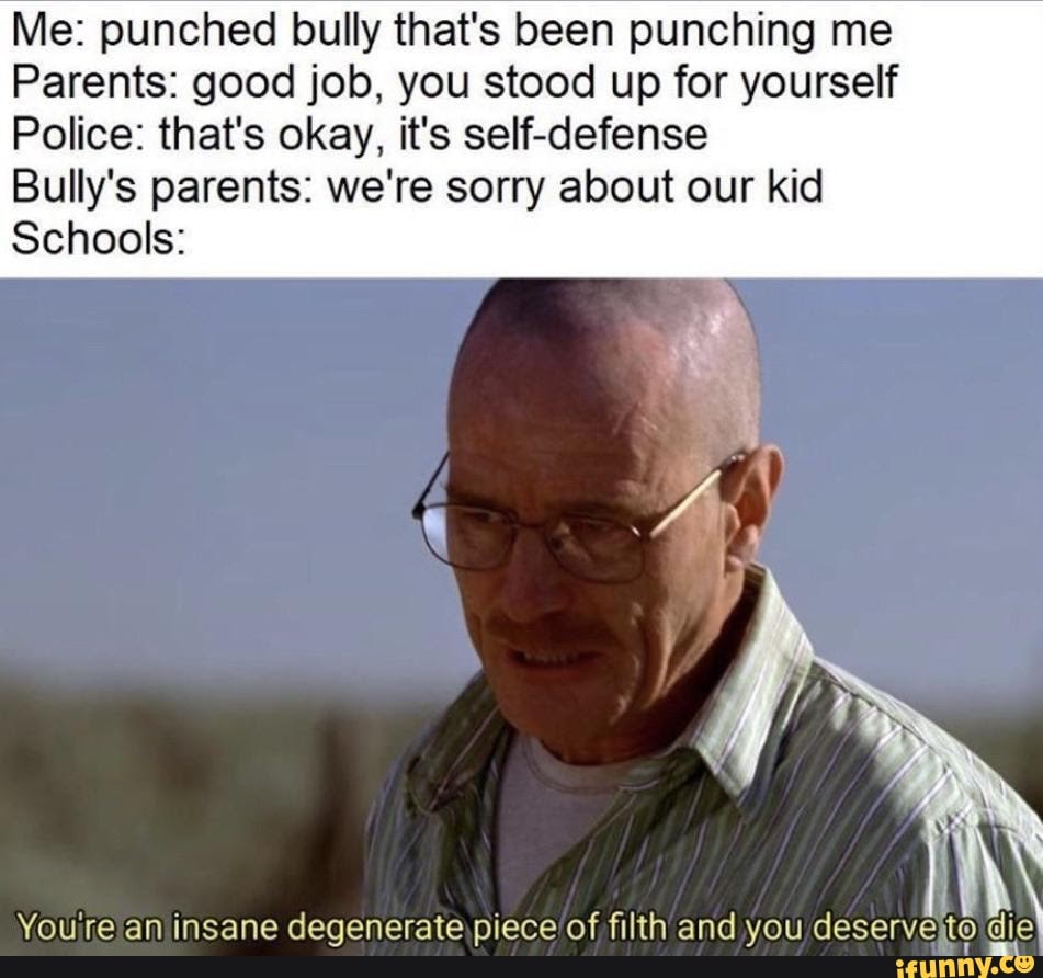 Me: punched bully that's been punching me Parents: good job, you stood ...