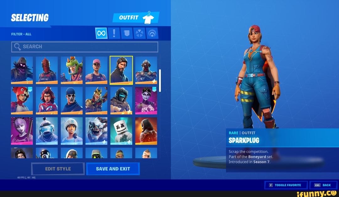 Fortnite account - SELECTING OUTFIT FILTER ALL RARE I OUTFIT SPARKPLUG ...